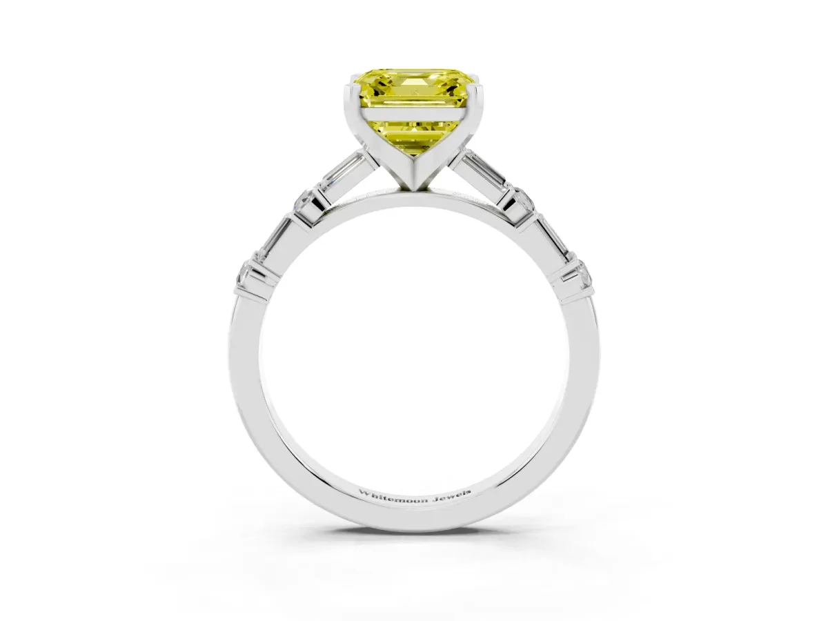 Fancy Yellow Asscher Cut Diamond Solitaire with Side Baguettes and Channel Set Band Silver