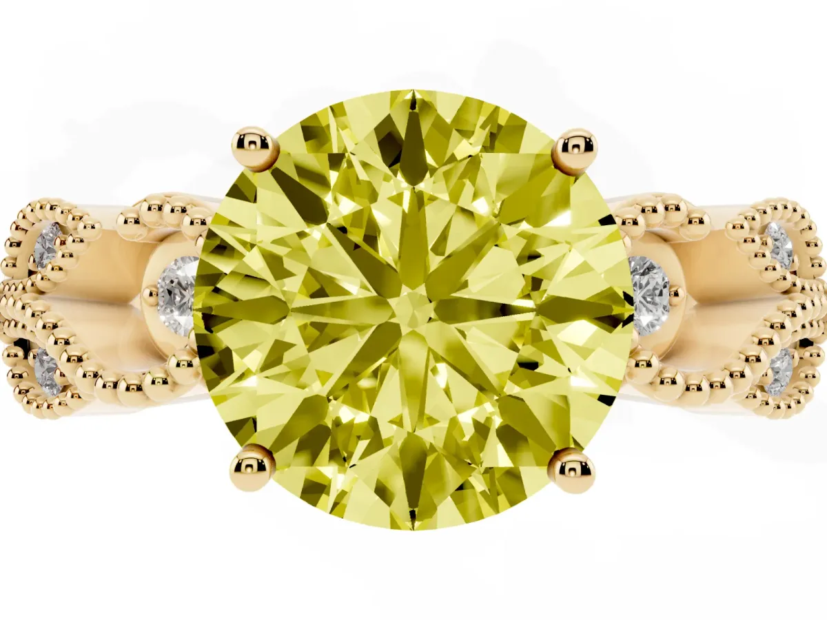 Fancy Yellow Round Cut Solitaire Milgrain Leaf Band with Prong Setting Yellow gold
