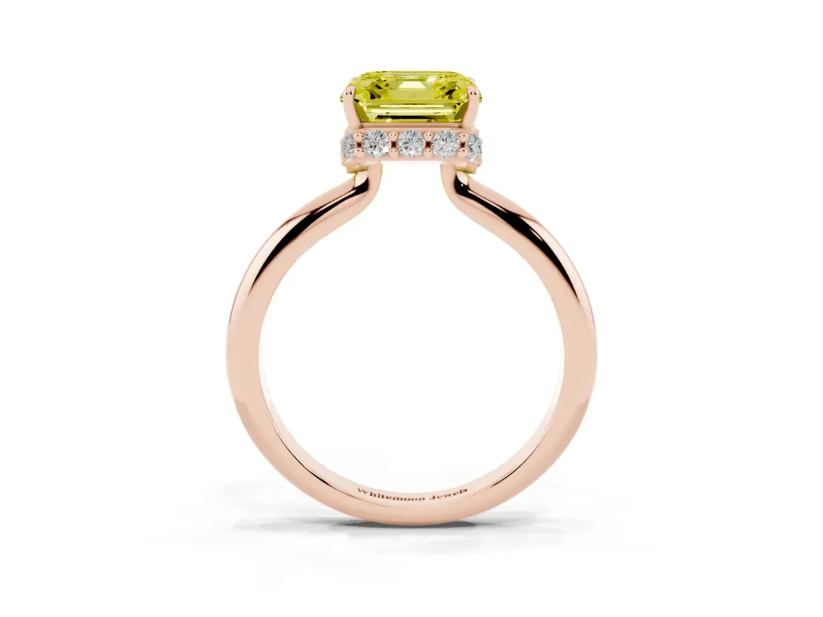 Fancy Yellow Asscher Cut Brilliant Solitaire Engagement Ring with Six-Prong Setting and Classic Band Rose gold