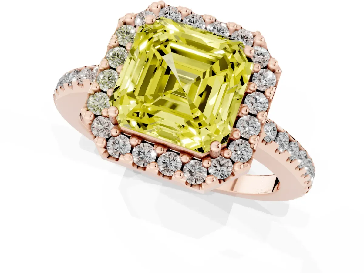 Fancy Yellow Asscher Cut Diamond Pavé Halo Ring with Four-Prong Setting Rose gold