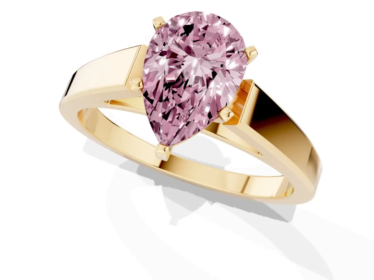 Fancy Pink Pear Cut Solitaire Engagement Ring with Four-Prong Setting and Tapered Band Yellow gold
