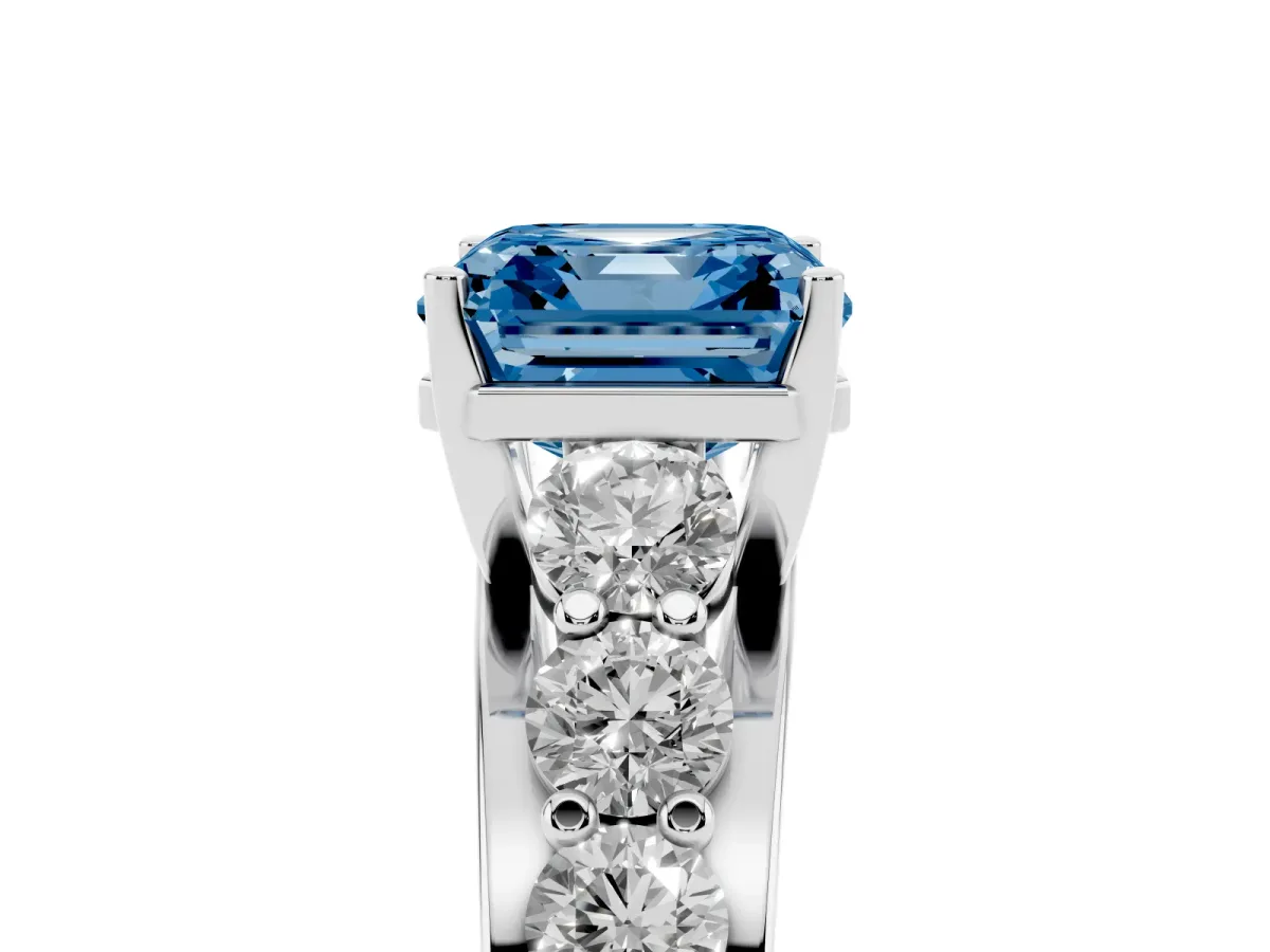 Fancy Blue Asscher Cut Diamond Engagement Ring with Pavé Band and Four-Prong Setting Silver
