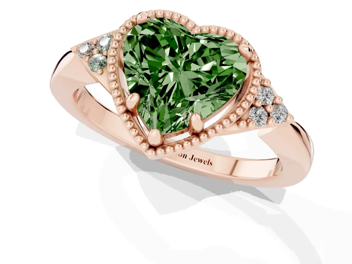 Fancy Green Heart Cut Diamond Halo Ring with Tapered Band and Four-Prong Setting Rose gold