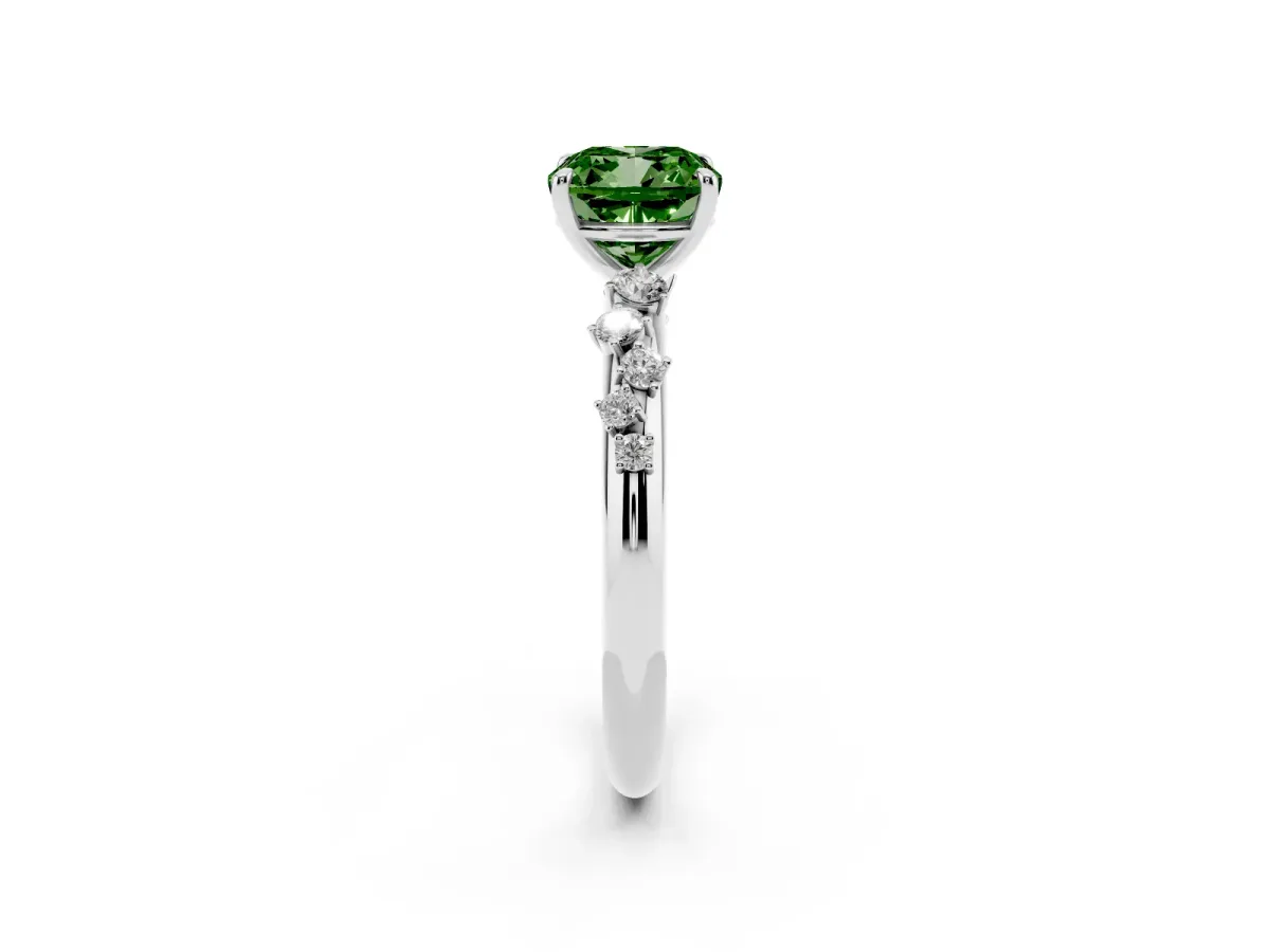 Fancy Green Cushion Cut Diamond Cluster Prong-Set Solitaire Ring Silver