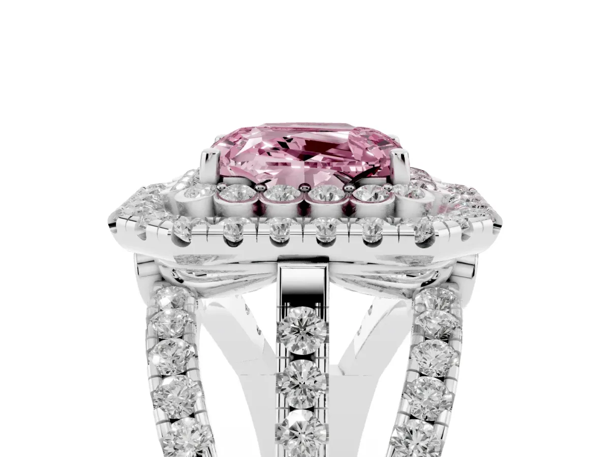 Fancy Pink Emerald Cut Diamond Double Halo Ring with Round Pavé Split Shank and Prong Setting Silver