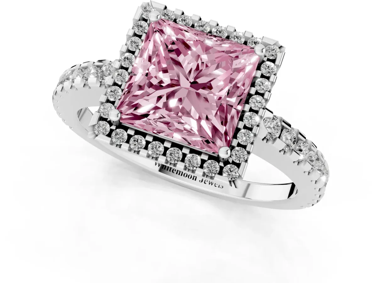 Fancy Pink Princess Cut Diamond Halo Engagement Ring with Pavé Band and Prong Setting Silver