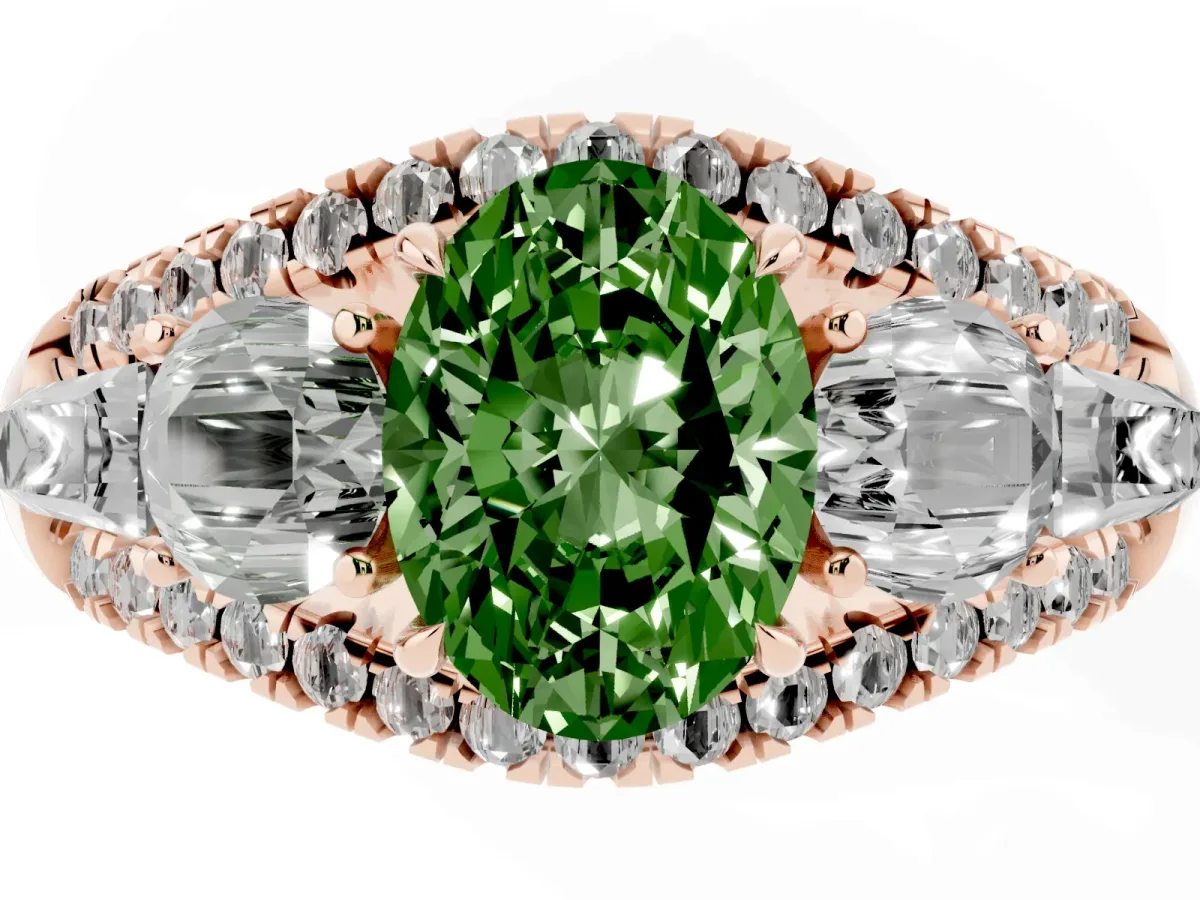 Fancy Green Three-Stone Oval Cut Diamond Engagement Ring with Pave Band and Prong Setting Rose gold