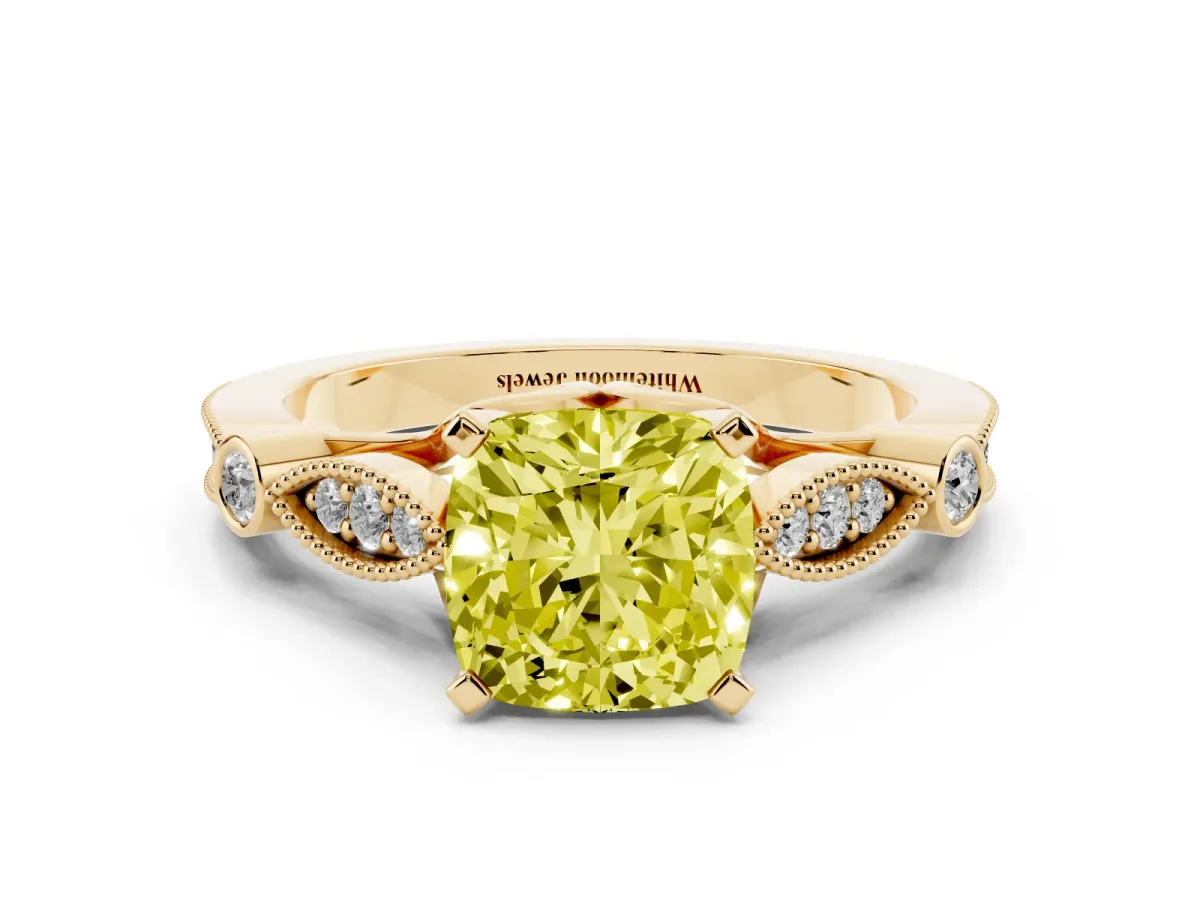 Fancy Yellow Cushion Cut Cut Diamond with Milgrain Marquise and Bezel Accents on a Solitaire Band with Prong Setting Yellow gold