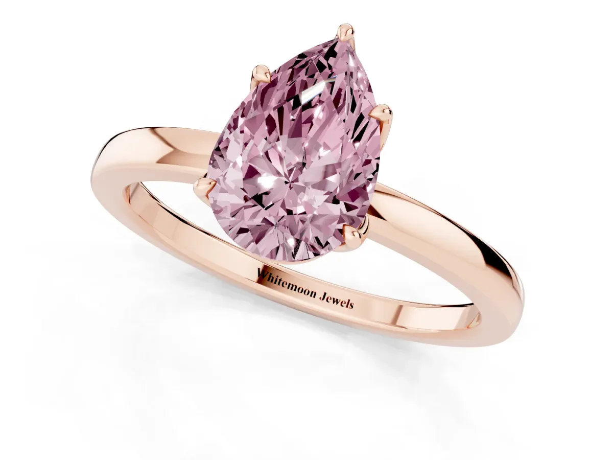 Fancy Pink Pear Cut Diamond Solitaire Ring with Thin Band and Prong Setting Rose gold