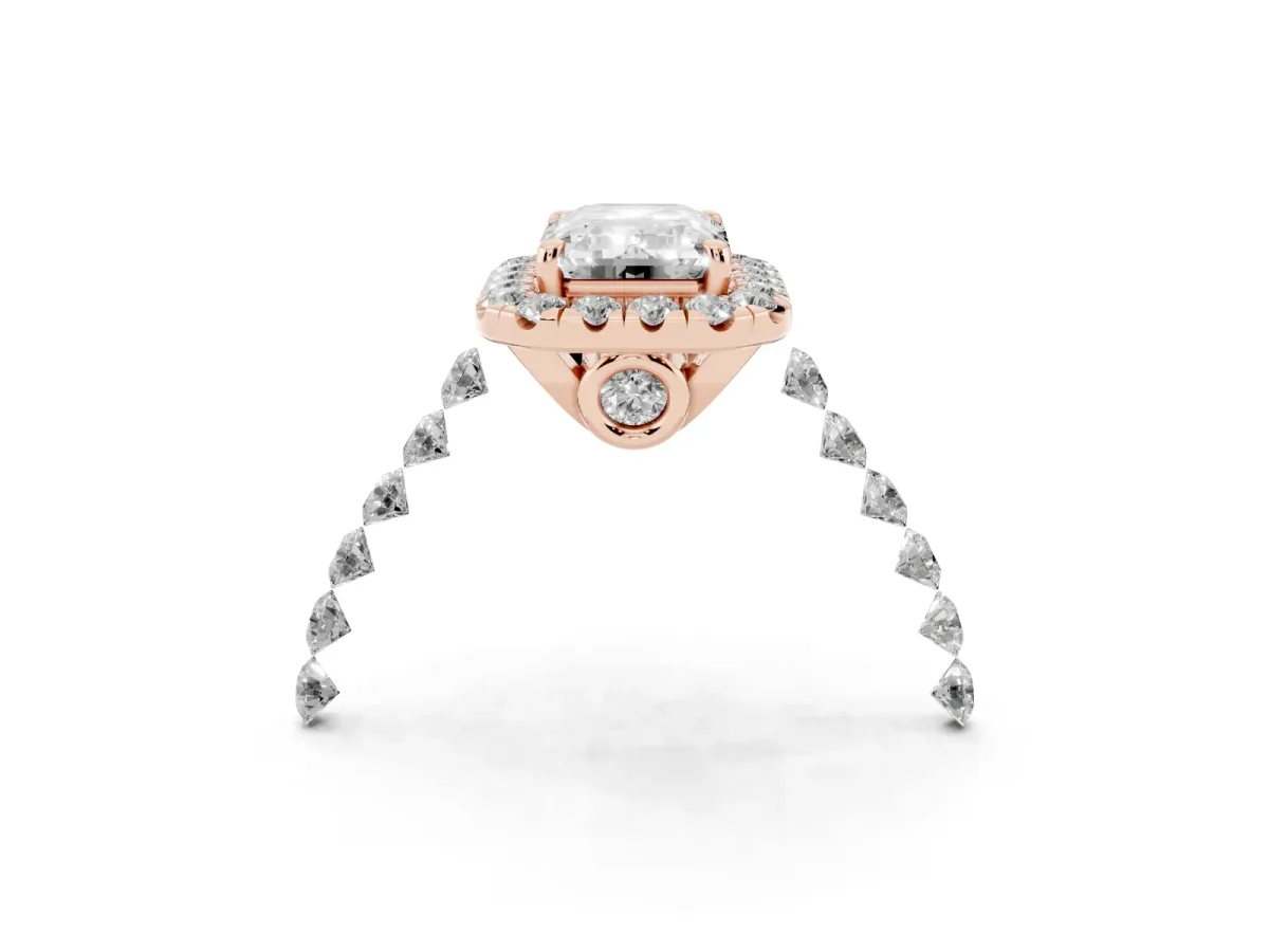 Emerald Cut Halo Pavé Diamond Engagement Ring with Four-Prong Setting Rose gold