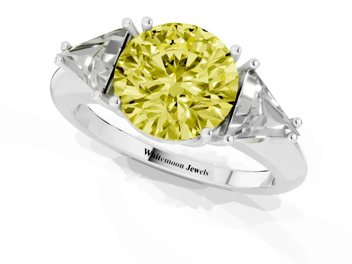 Fancy Yellow Three-Stone Round Cut Diamond Engagement Ring with Trillion Side Stones and Prong Setting Silver