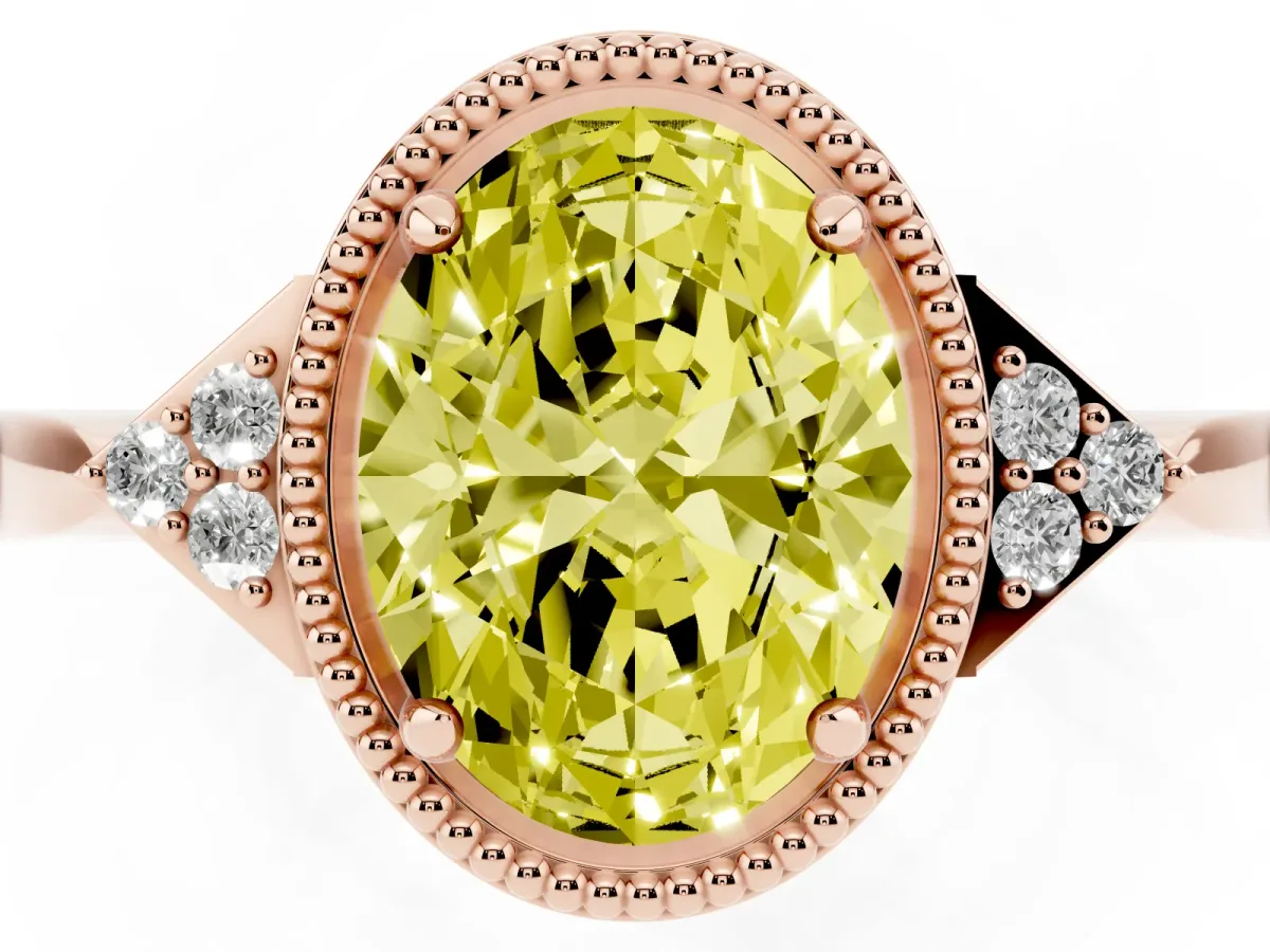 Fancy Yellow Hexagonal Halo Oval Cut Diamond Solitaire with Pavé Band and Four-Prong Setting Rose gold