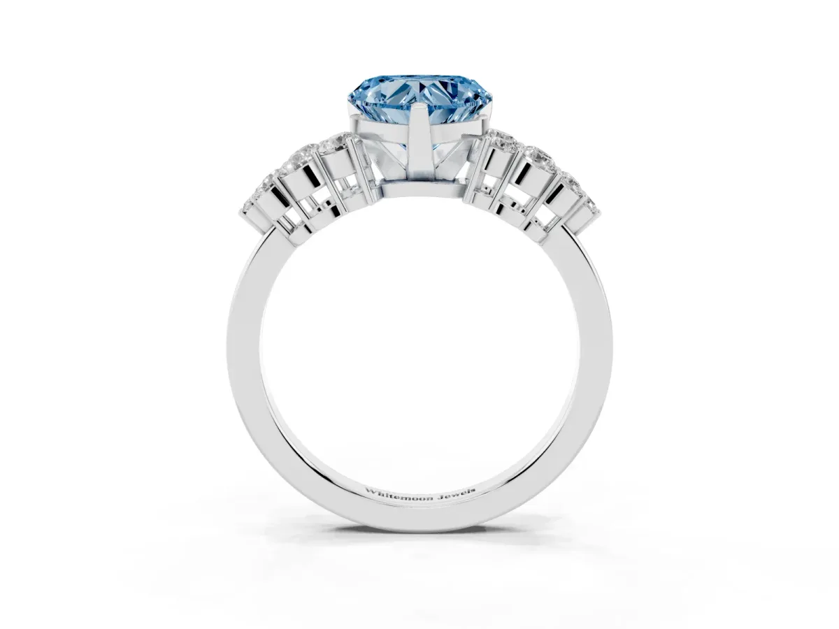 Fancy Blue Heart Cut Cluster Diamond Engagement Ring with Pavé Band and Four-Prong Setting Platinum