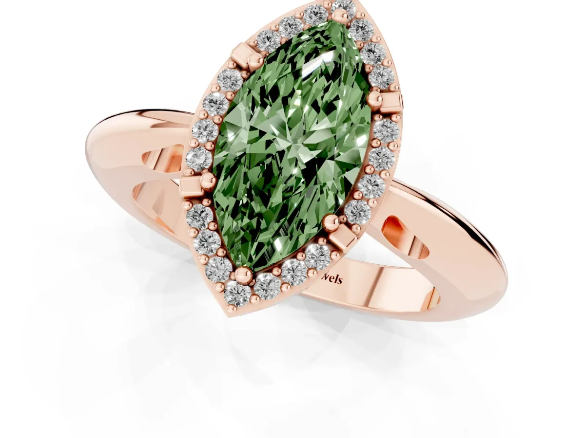 Fancy Green Marquise Cut Cut Diamond Halo Engagement Ring with Split Shank and Four-Prong Setting Rose gold