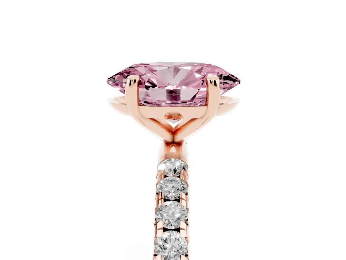 Fancy Pink Oval Cut Cut Diamond Solitaire Ring with Micro Pave Band and Four Prong Setting Rose gold