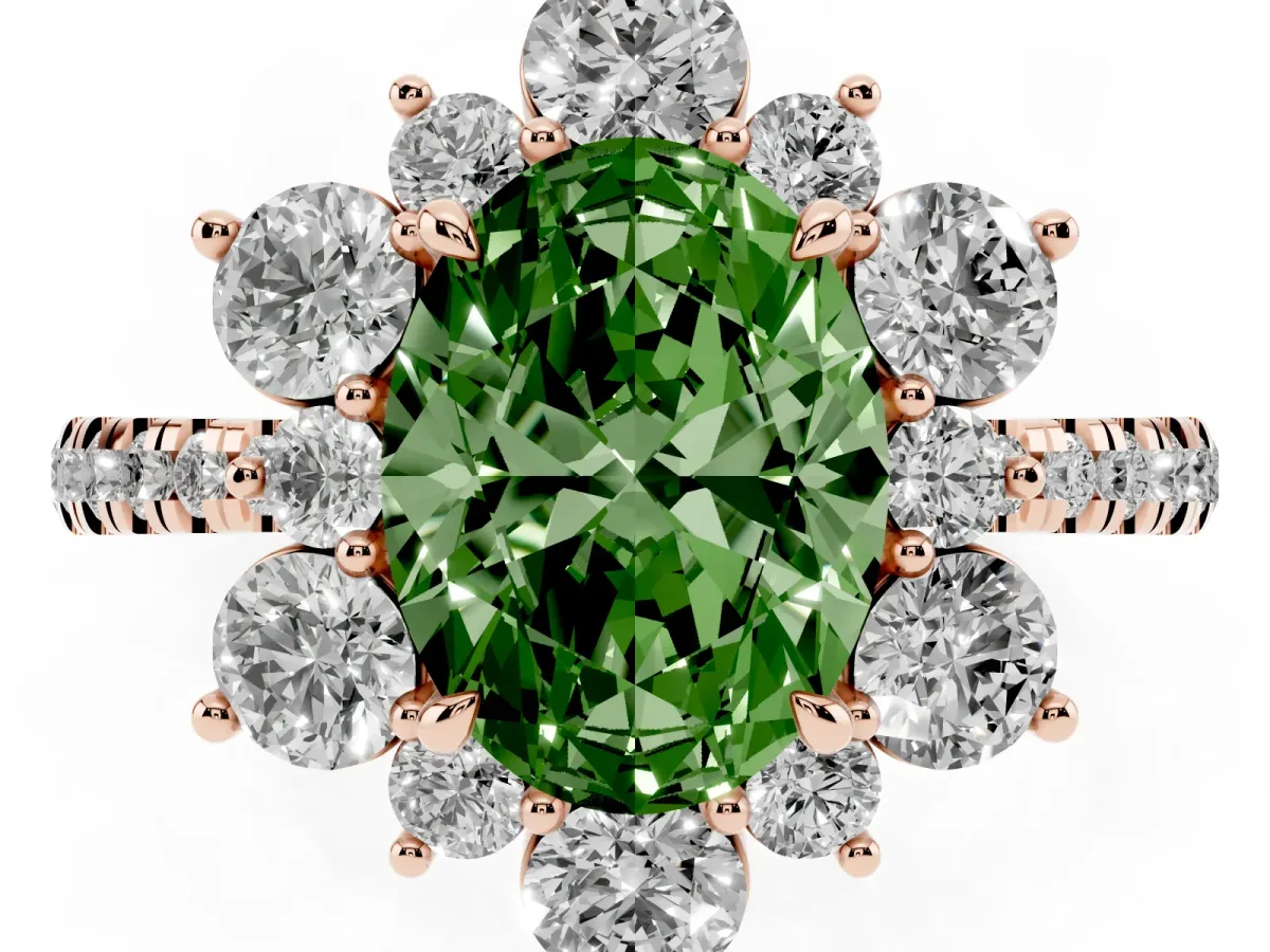 Fancy Green Oval Cut Diamond Floral Halo Ring with Round Pavé Band and Prong Setting Rose gold