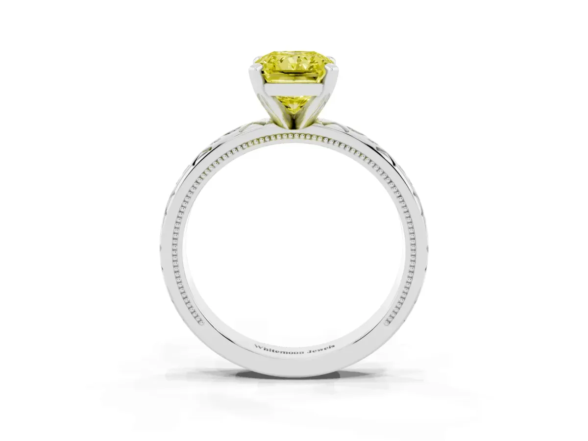 Fancy Yellow Radiant Cut Solitaire Engagement Ring with Scrollwork Band and Four-Prong Setting White gold