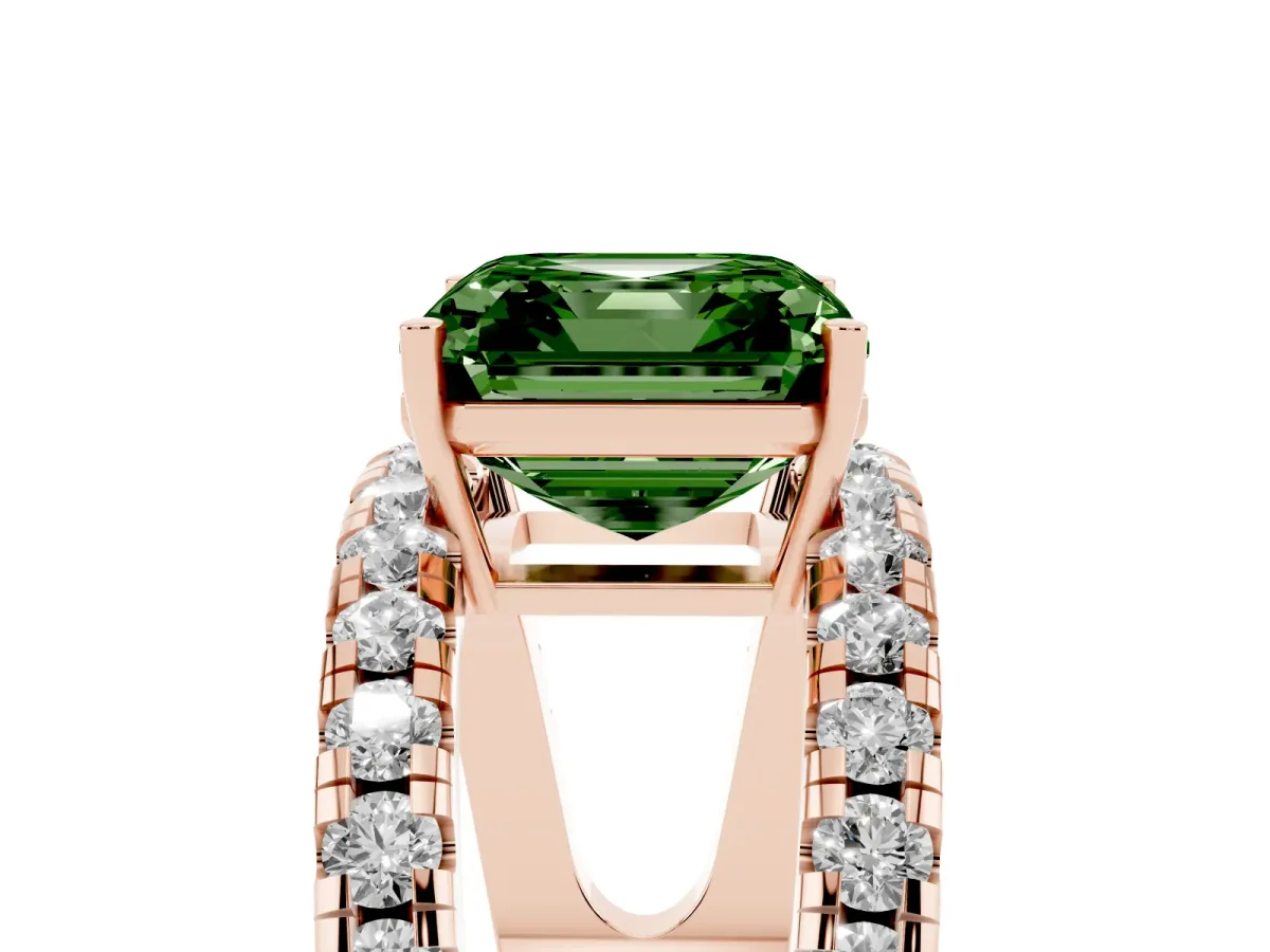 Fancy Green Asscher Cut Solitaire Split Shank Pave Diamond Ring Rose gold