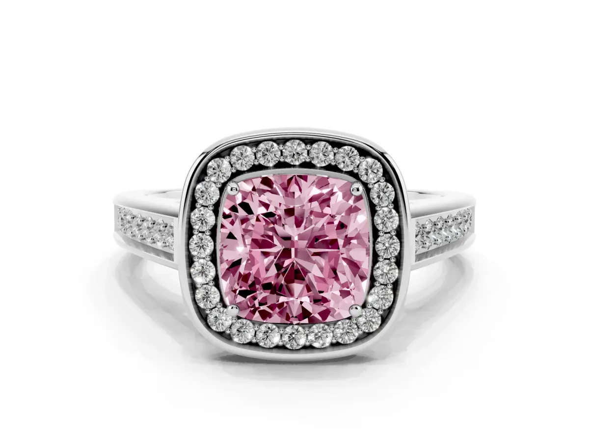 Fancy Pink Cushion Cut Halo Solitaire Diamond Ring with Pave Band and Bezel Setting Platinum