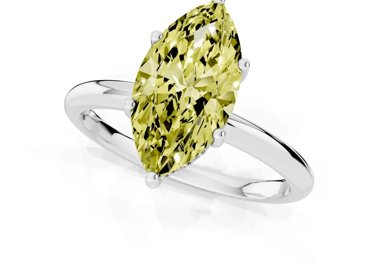 Fancy Yellow Marquise Cut Cut Solitaire Engagement Ring with Four-Prong Setting and Classic Band Platinum