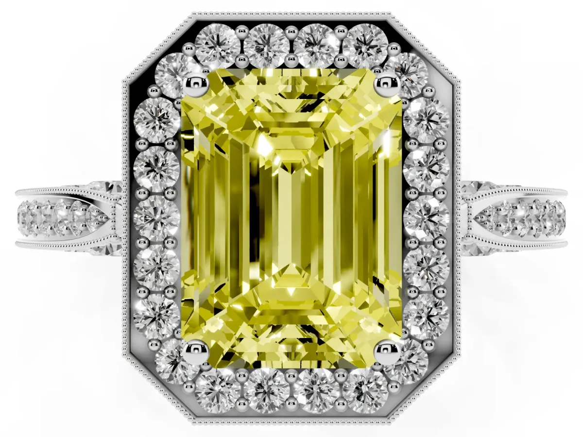 Fancy Yellow Emerald Cut Halo Diamond Engagement Ring with Split Shank Band and Four-Prong Setting Silver