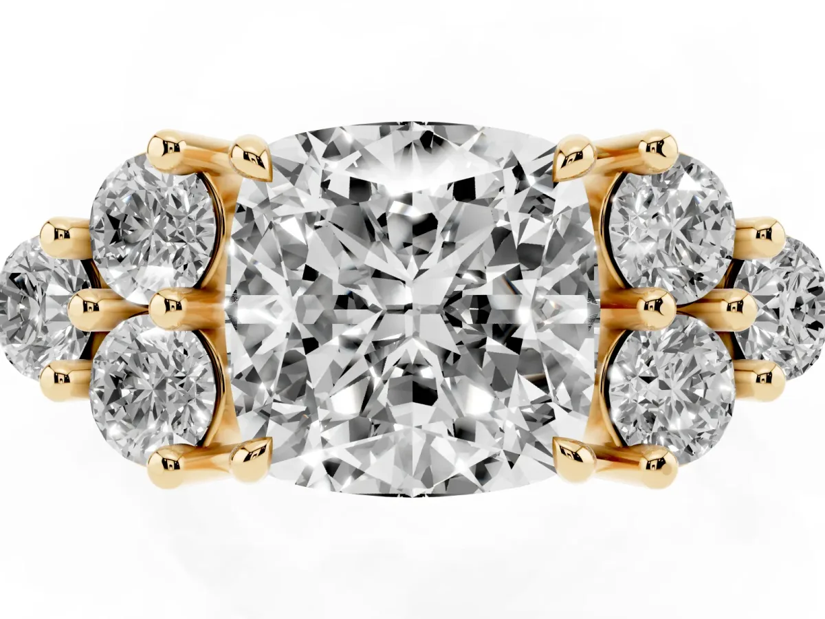 Cushion Cut Brilliant Diamond Cluster Accent Solitaire Ring with Prong Setting Yellow gold