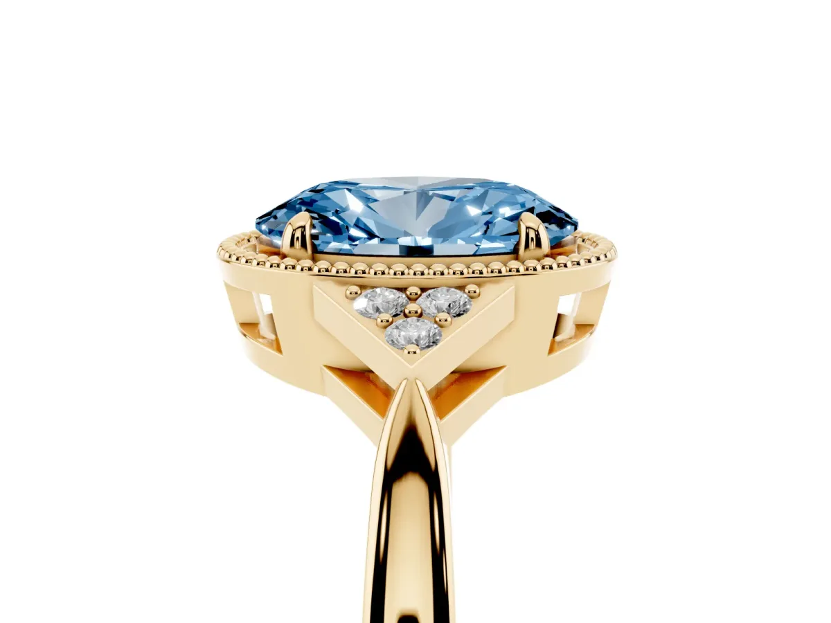 Fancy Blue Hexagonal Halo Oval Cut Diamond Solitaire with Pavé Band and Four-Prong Setting Yellow gold