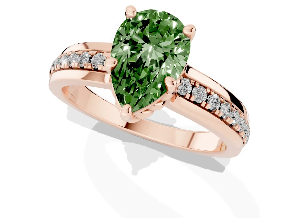 Fancy Green Pear Cut Solitaire Diamond Ring with Channel Set Band and Six-Prong Setting Rose gold