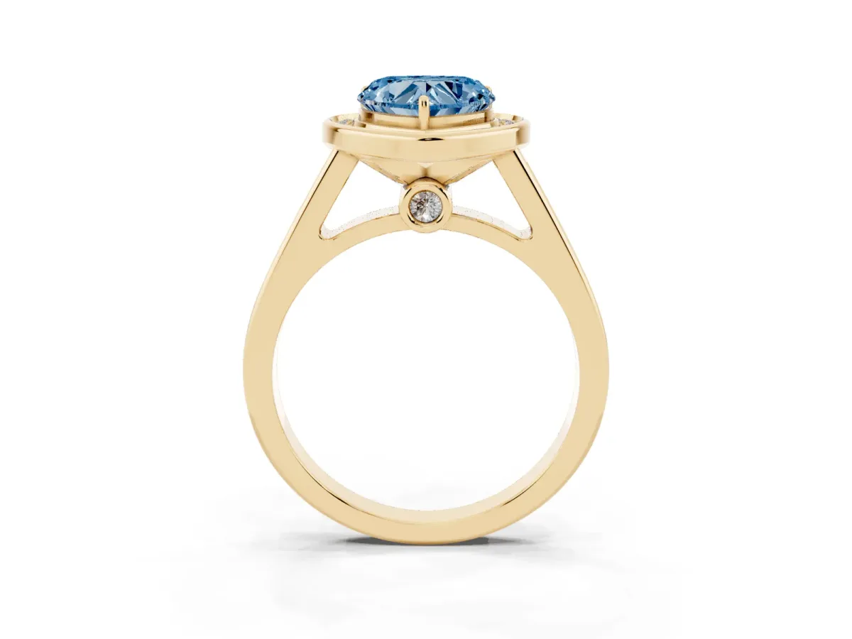Fancy Blue Heart Cut Halo Solitaire Diamond Ring with Pave Band and Bezel Setting Yellow gold