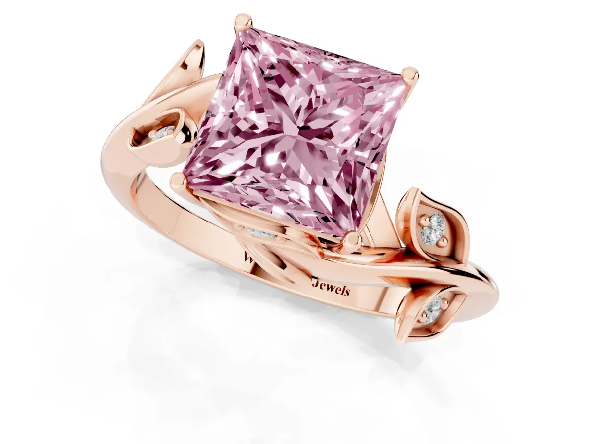 Fancy Pink Princess Cut Solitaire Twist Engagement Ring with Leaf Accents and Prong Setting Rose gold