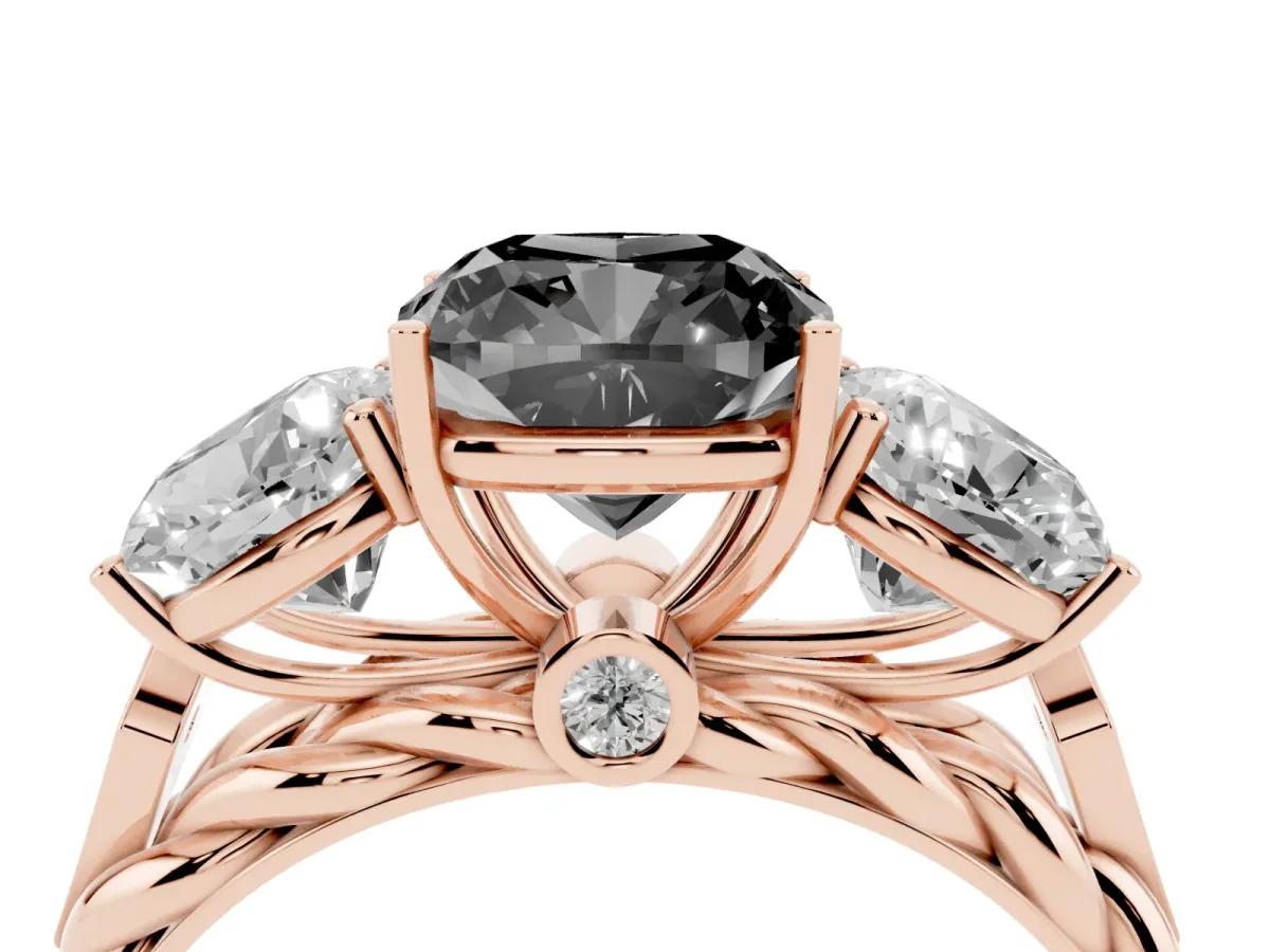 Fancy Black Three-Stone Cushion Cut Diamond Braided Band Ring with Four-Prong Setting Rose gold
