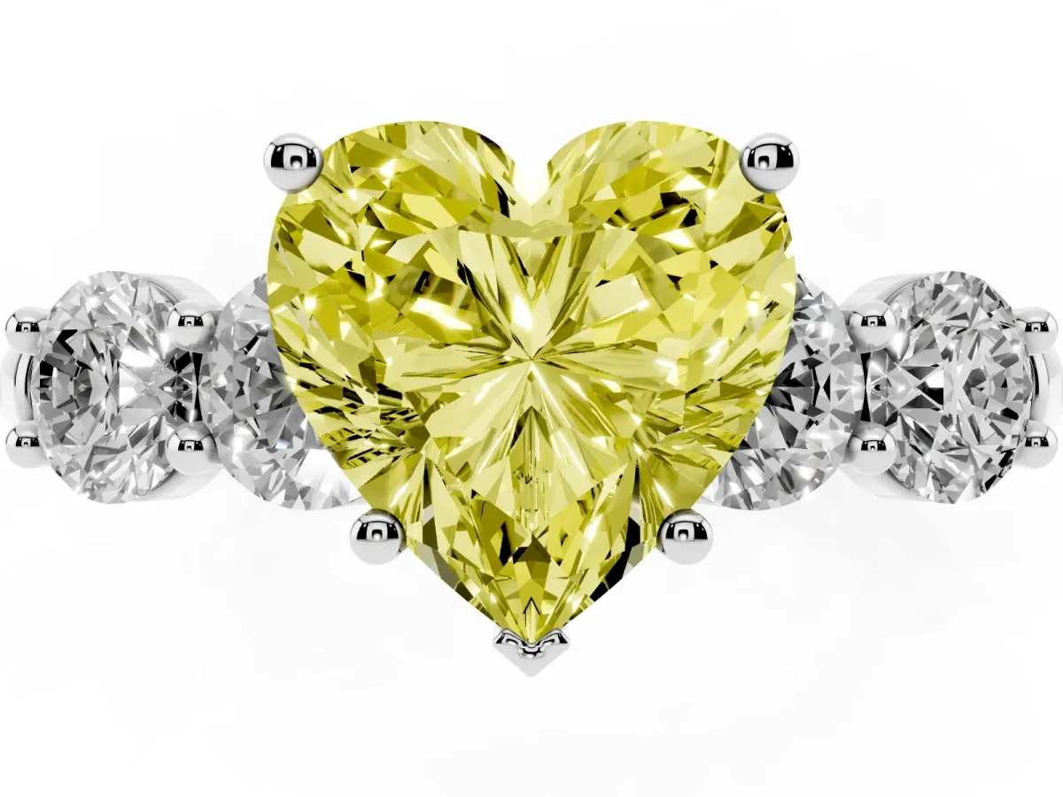 Fancy Yellow Heart Cut Cut Five-Stone Prong Set Diamond Ring with Classic Band Silver