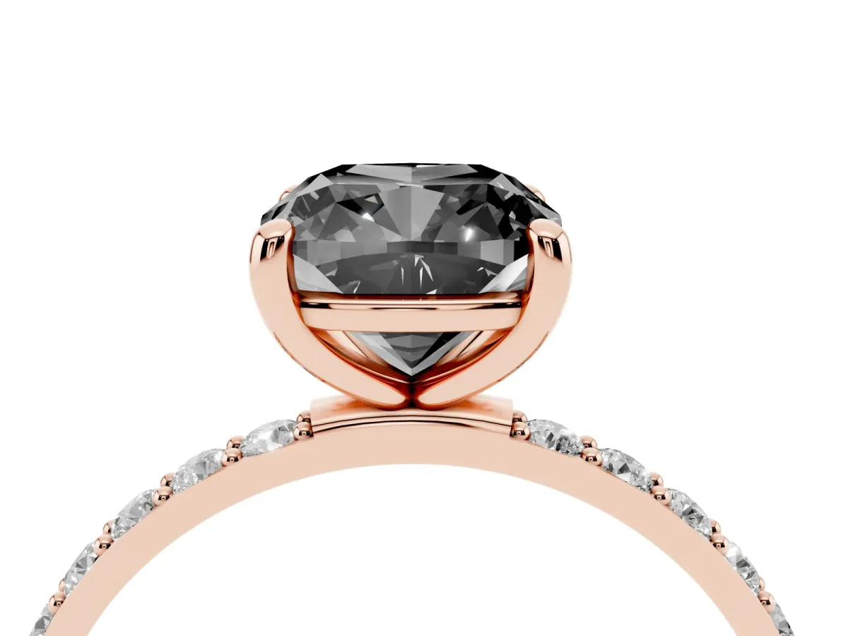 Fancy Black Cushion Cut Diamond Solitaire Ring with Round Pavé Band and Prong Setting Rose gold