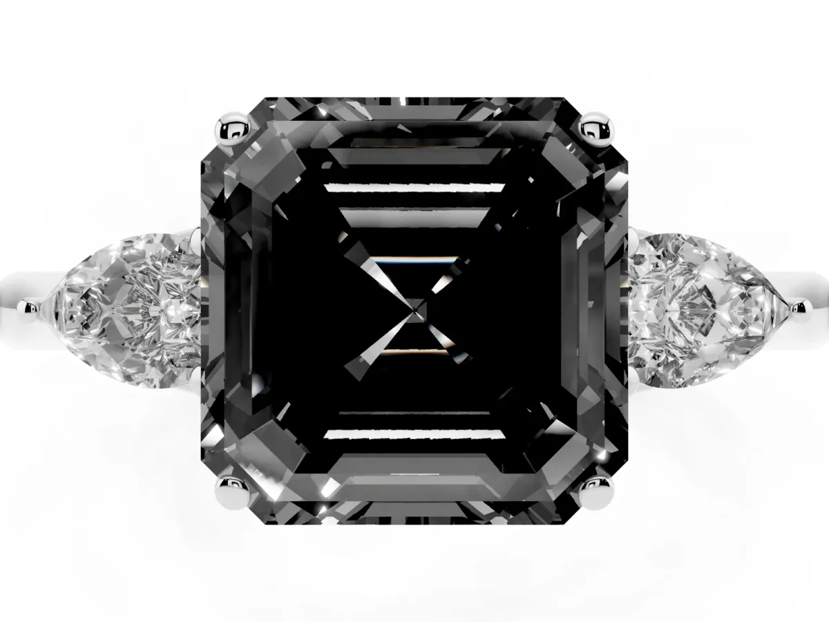 Fancy Black Asscher Cut Diamond Three-Stone Ring with Pear Side Stones and Prong Setting Silver