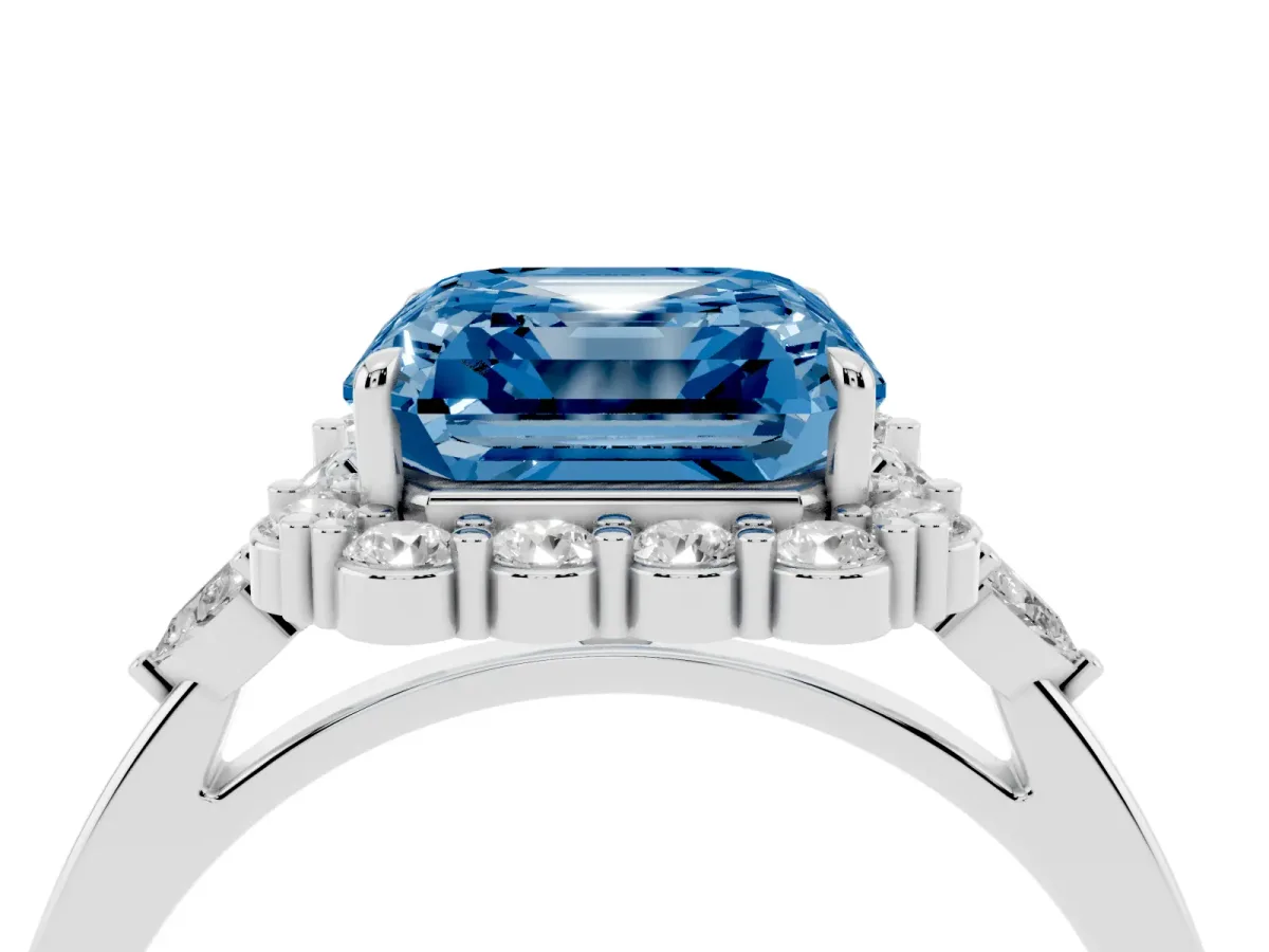 Fancy Blue Asscher Cut Diamond Halo Ring with Pear Side Stones and Prong Setting Silver