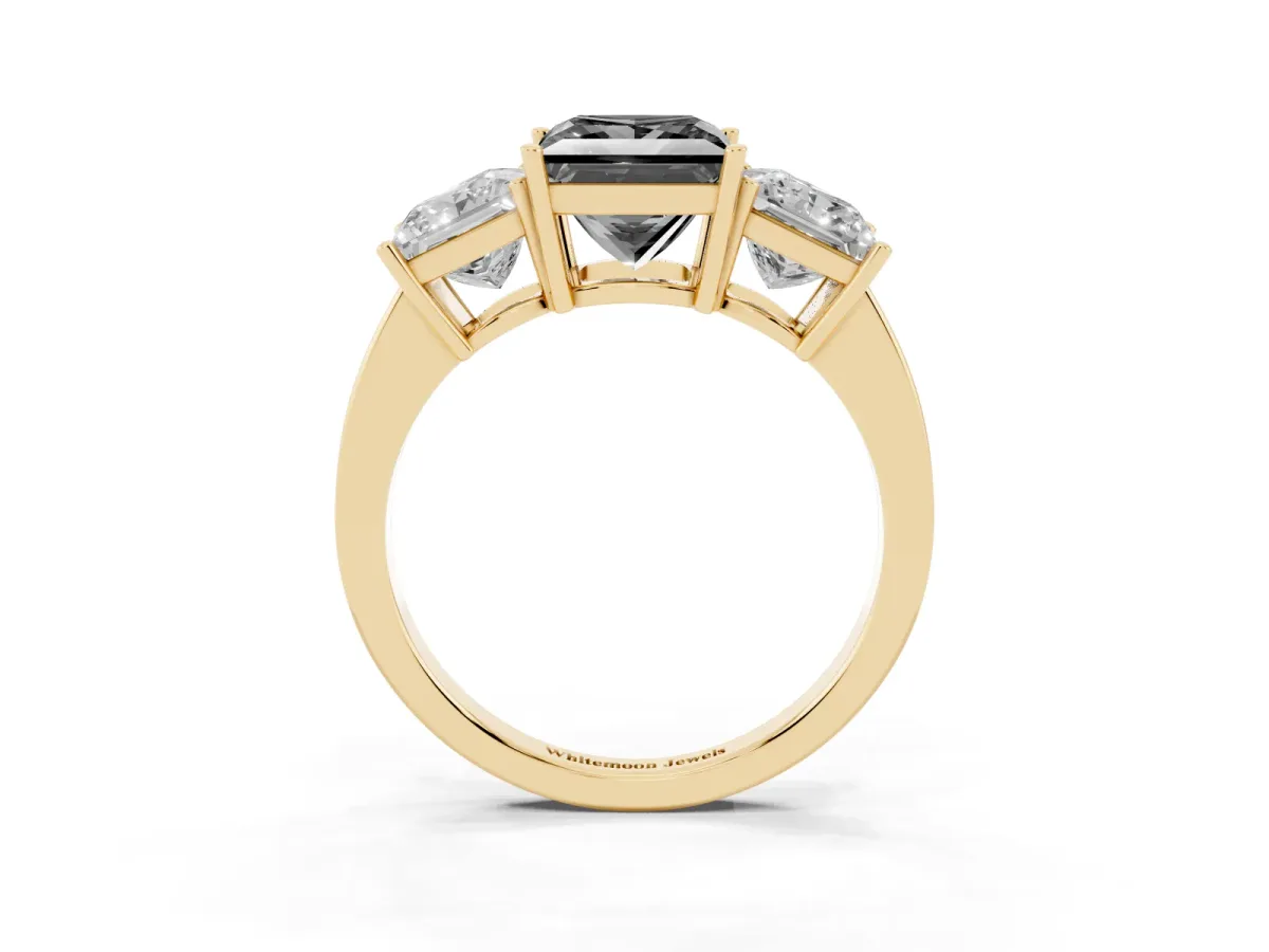 Fancy Black Three-Stone Princess Cut Cut Diamond Engagement Ring with Flat Band and Four-Prong Setting Yellow gold