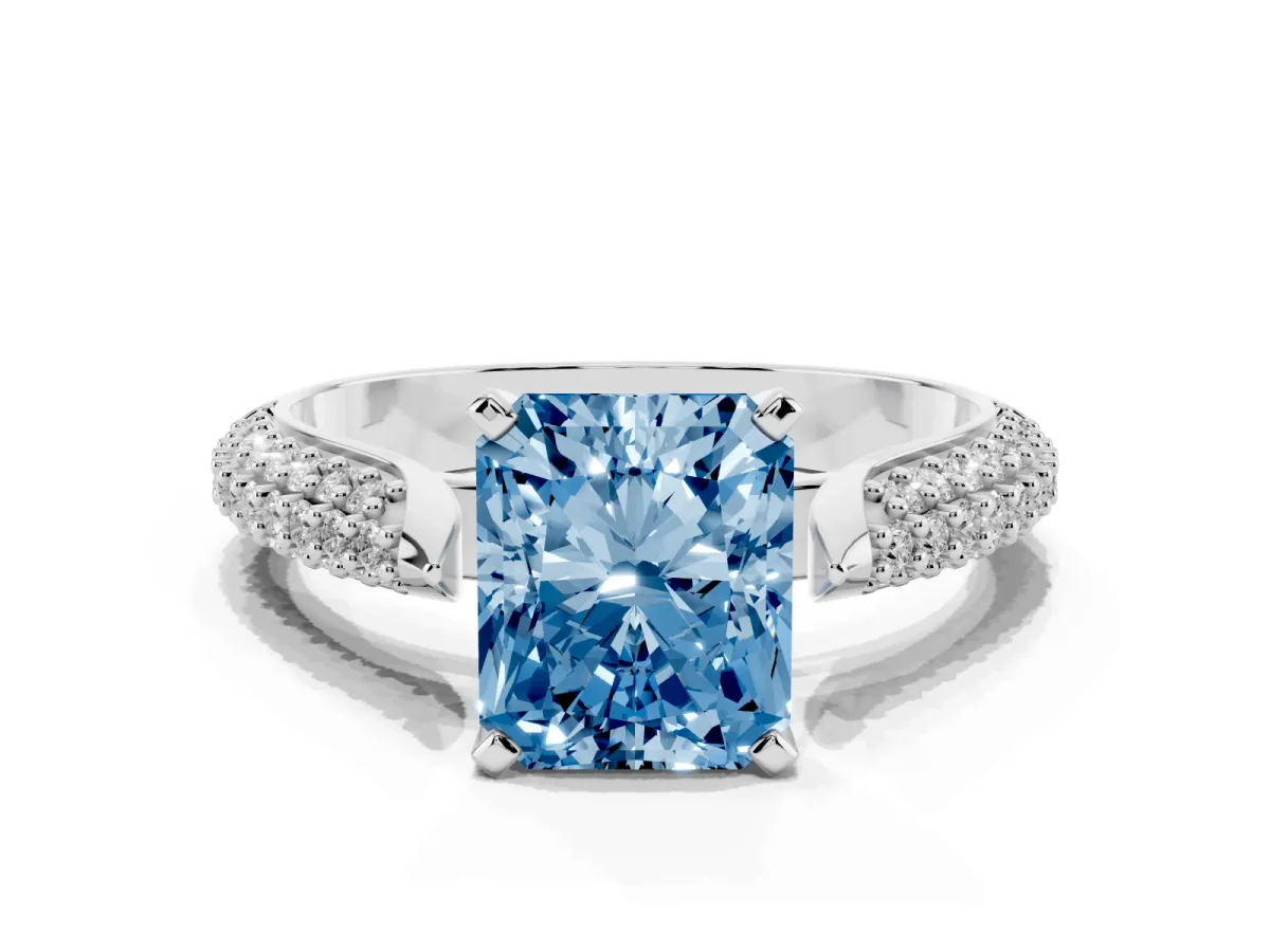 Fancy Blue Radiant Cut Diamond Solitaire Engagement Ring with Multi-Row Round Pavé Band and Prong Setting White gold
