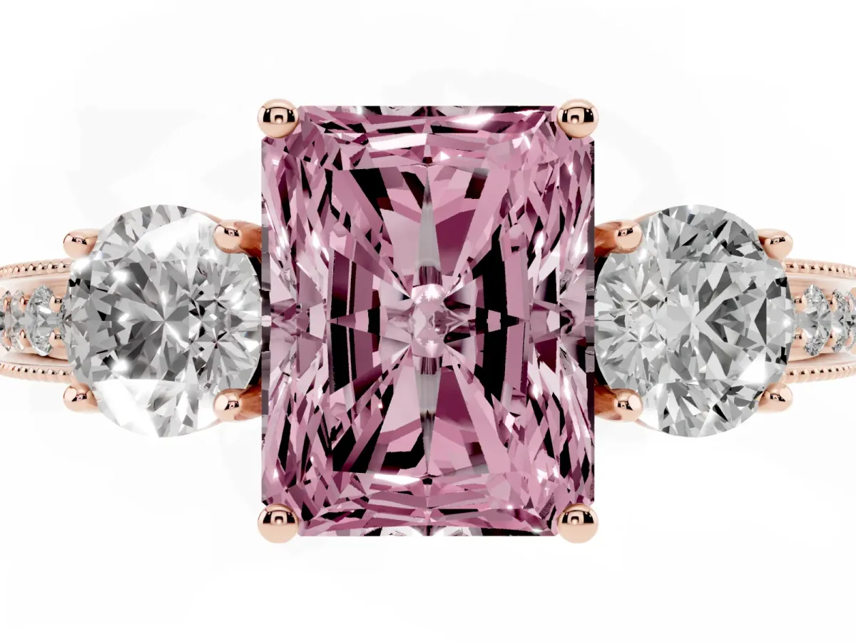 Fancy Pink Radiant Cut Three-Stone Diamond Ring with Pavé Band and Four-Prong Setting Rose gold