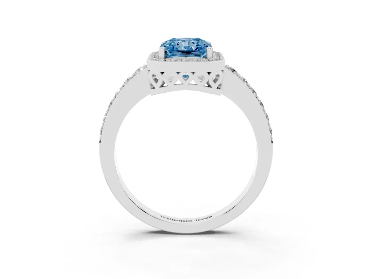 Fancy Blue Radiant Cut Halo Diamond Pavé Band Ring with Prong Setting Silver