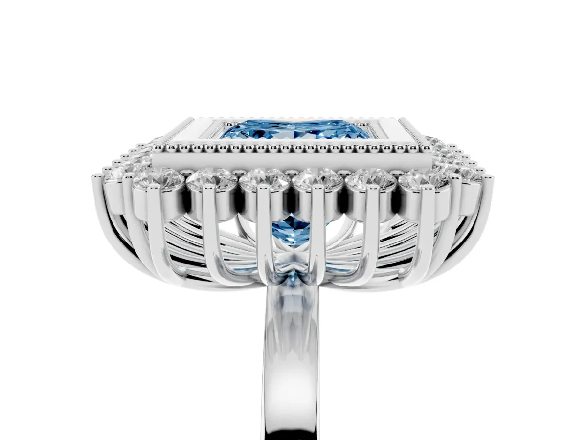 Fancy Blue Princess Cut Halo Diamond Ring with Milgrain Edge and Round Prong Setting Silver
