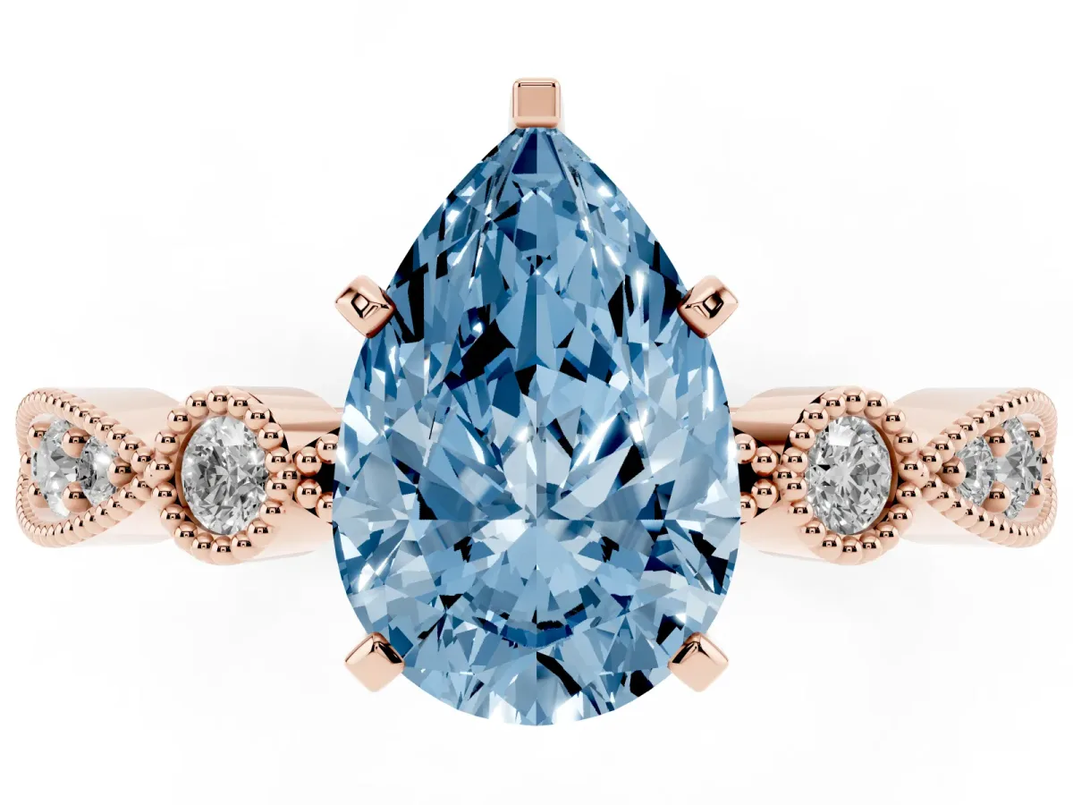 Fancy Blue Pear Cut Milgrain Bezel Diamond Engagement Ring with Solitaire Prong Setting Rose gold