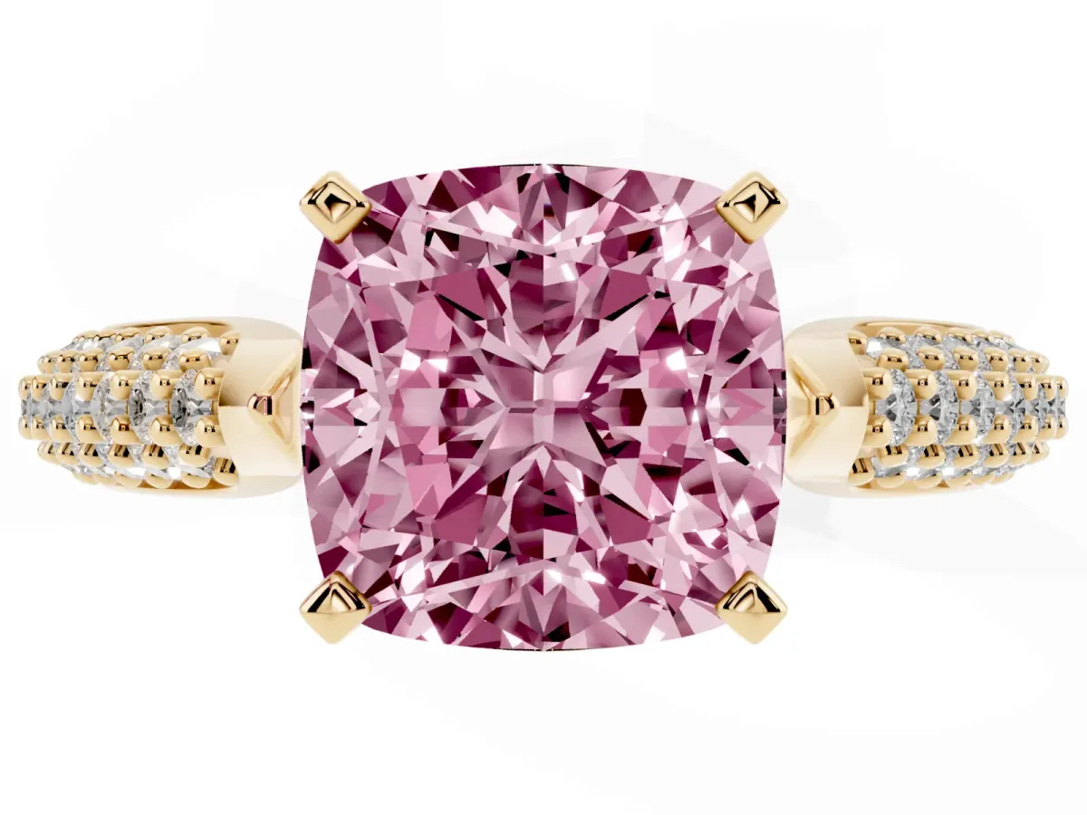 Fancy Pink Cushion Cut Diamond Solitaire Engagement Ring with Multi-Row Round Pavé Band and Prong Setting Yellow gold