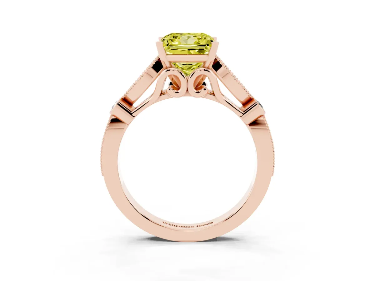 Fancy Yellow Princess Cut Cut Diamond with Milgrain Marquise and Bezel Accents on a Solitaire Band with Prong Setting Rose gold