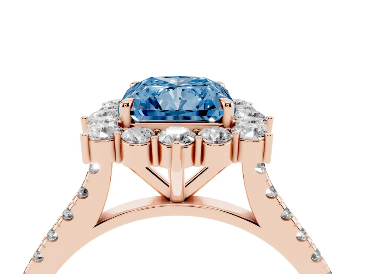 Fancy Blue Radiant Cut Halo Diamond Ring with Pavé Band and Prong Setting Rose gold
