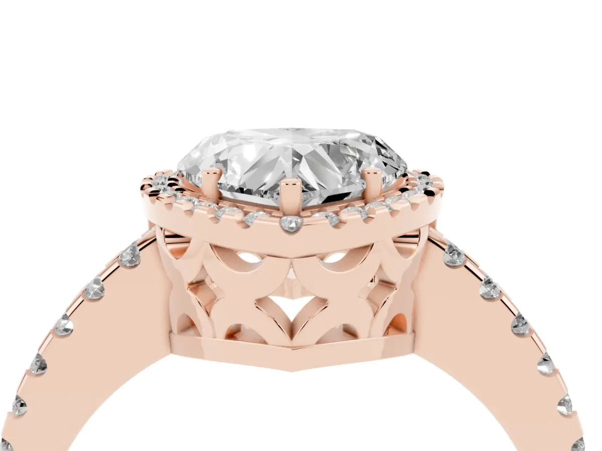 Heart Cut Diamond Halo Engagement Ring with Pavé Band and Prong Setting Rose gold