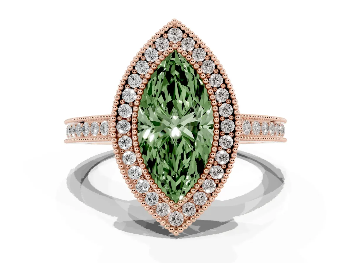 Fancy Green Marquise Cut Cut Halo Diamond Ring with Pavé Band and Milgrain Prong Setting Rose gold