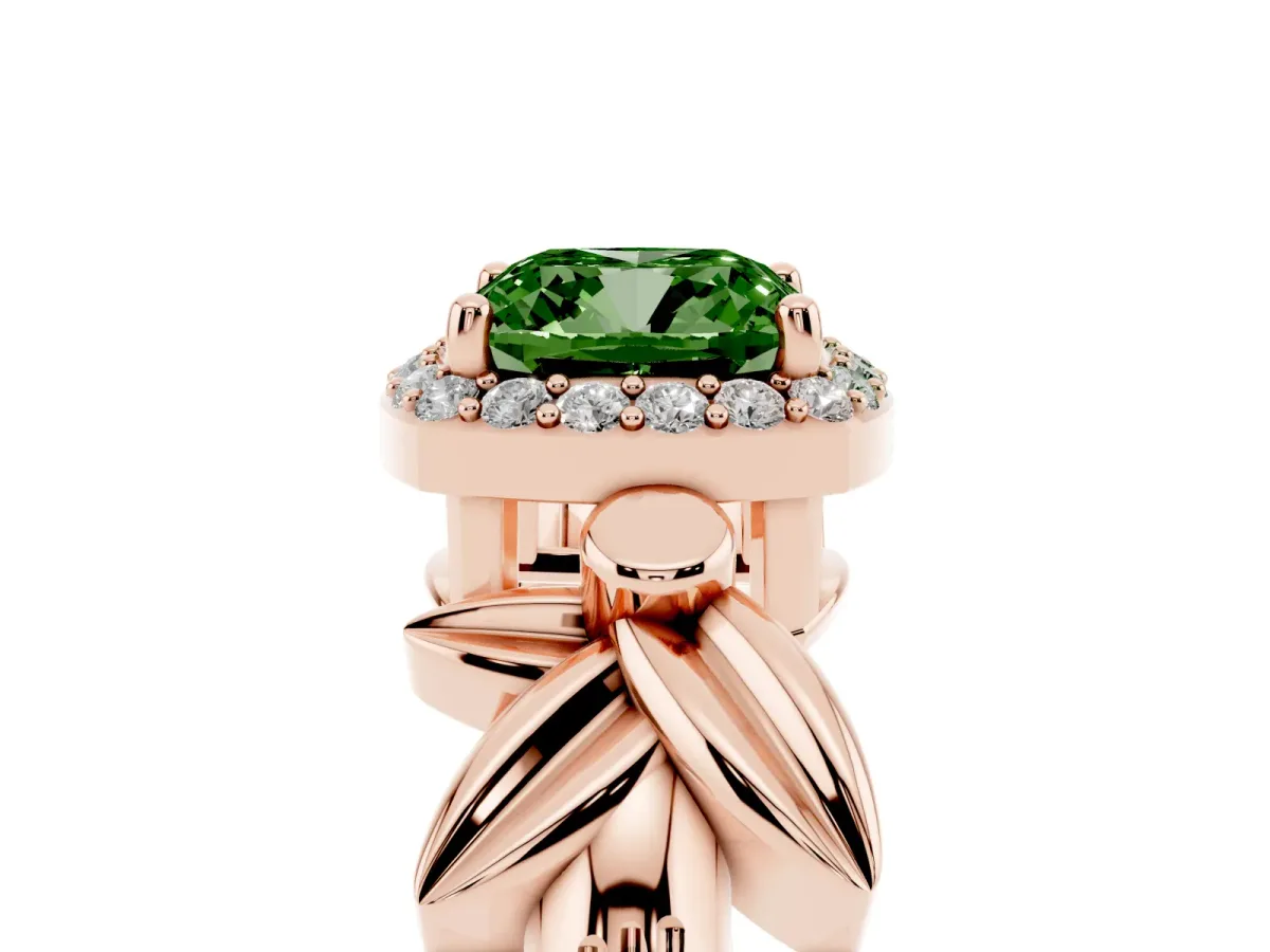 Fancy Green Cushion Cut Halo Diamond Floral Band with Four-Prong Setting Rose gold