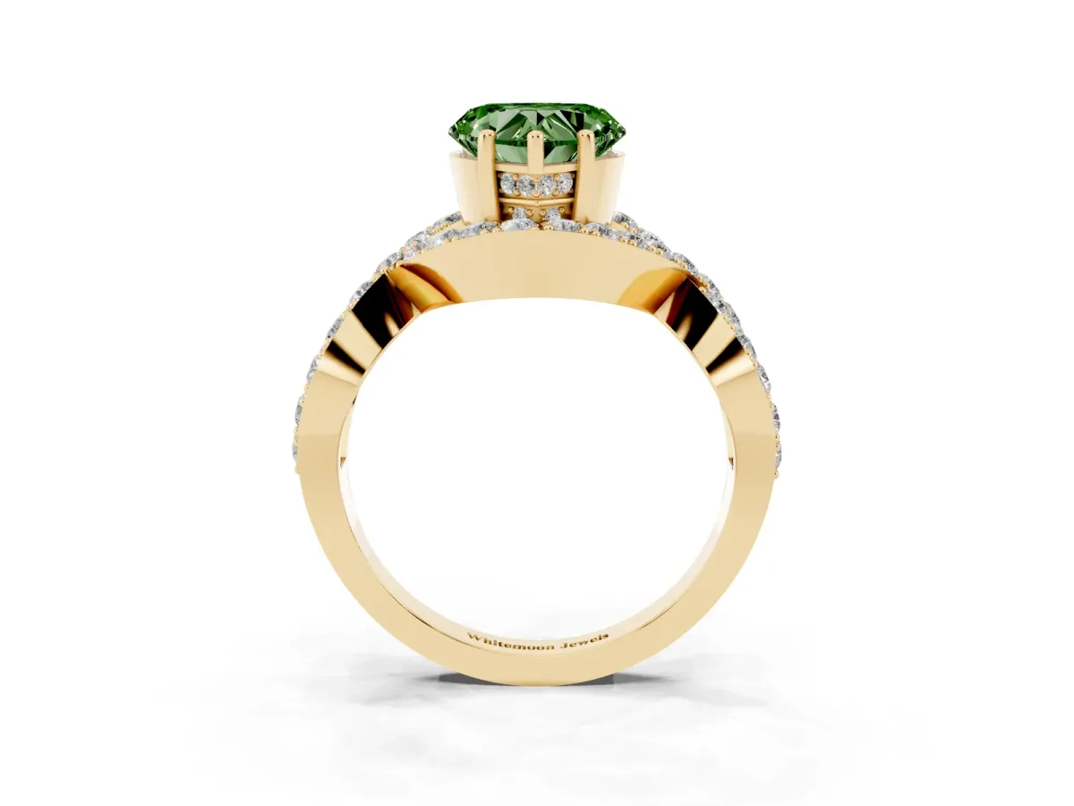 Fancy Green Heart Cut Solitaire Twist Band Pavé Diamond Engagement Ring Yellow gold
