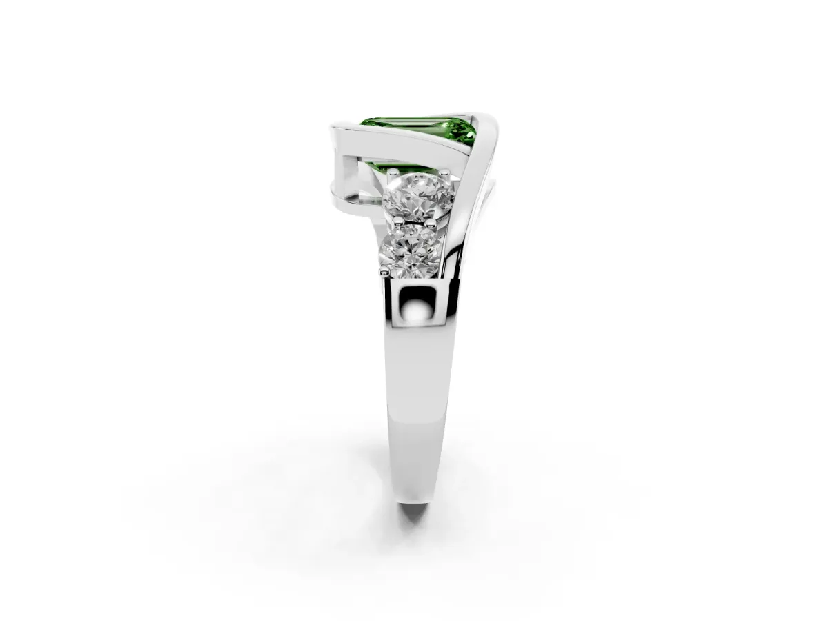 Fancy Green Bezel Set Emerald Cut Diamond Bypass Ring with Round Accents Silver