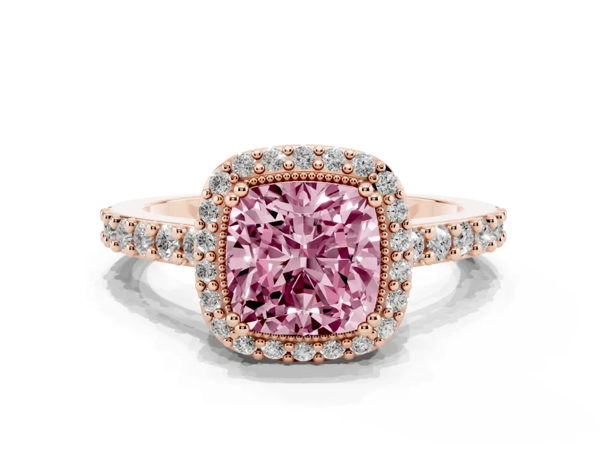 Fancy Pink Cushion Cut Cut Diamond Halo Engagement Ring with Milgrain Detail and Pavé Band Rose gold